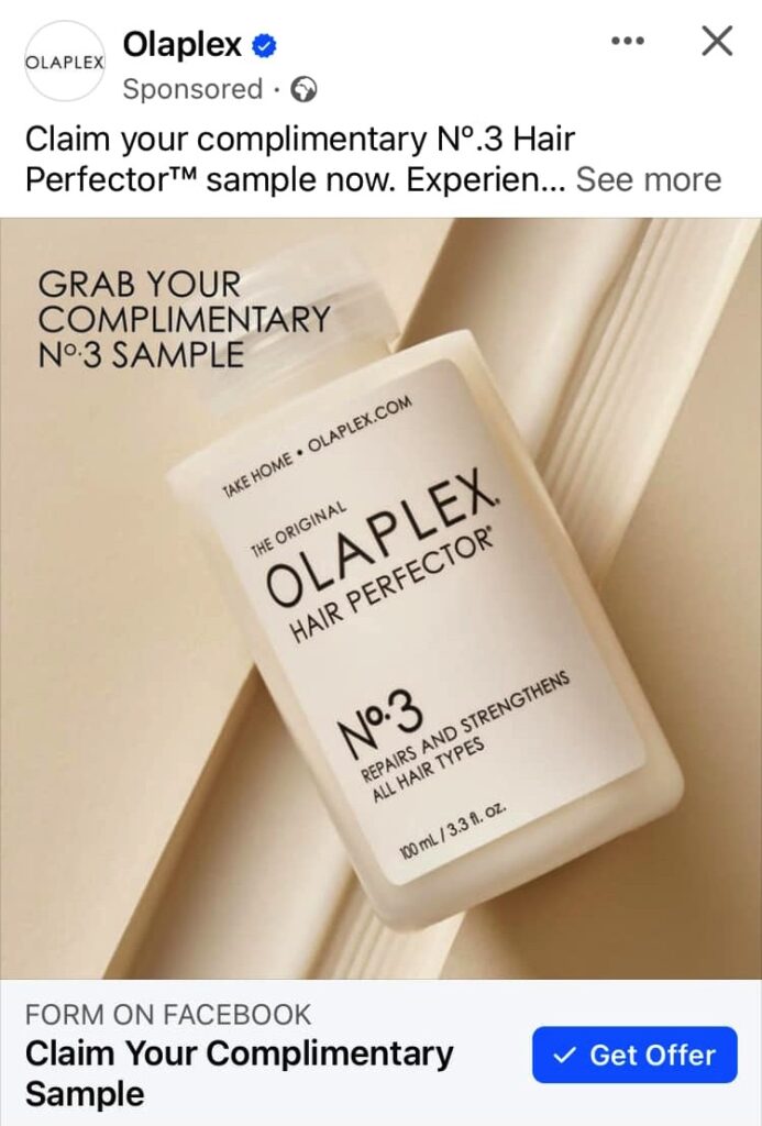 Olaplex Hair Perfector sample ad on Facebook