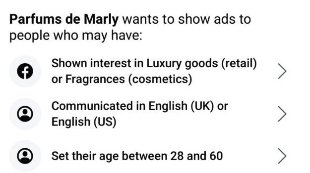 Parfums de Marly Perseus sample ad targeting details