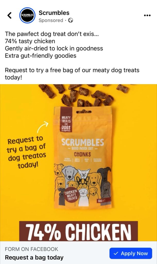 Scrumbles Pet Food sample ad on Facebook