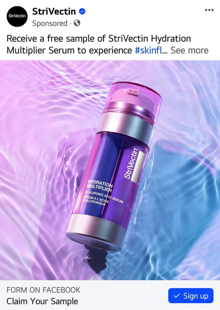 StriVectin Hydration Multiplier Serum sample ad on Facebook