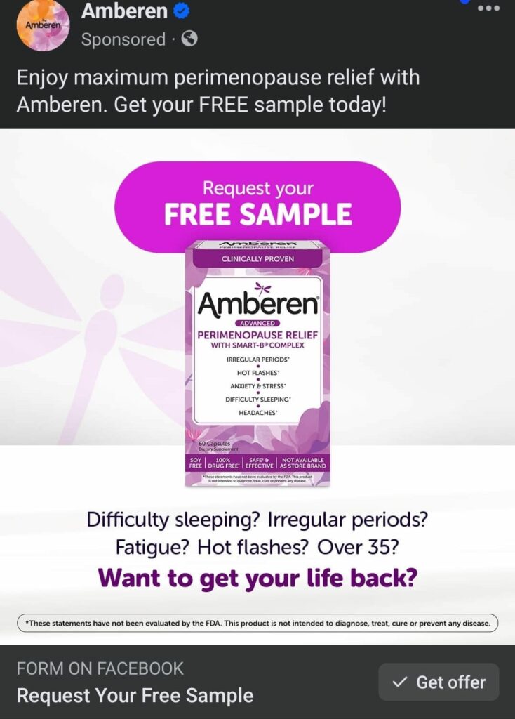 Amberen Perimenopause Relief sample ad on facebook