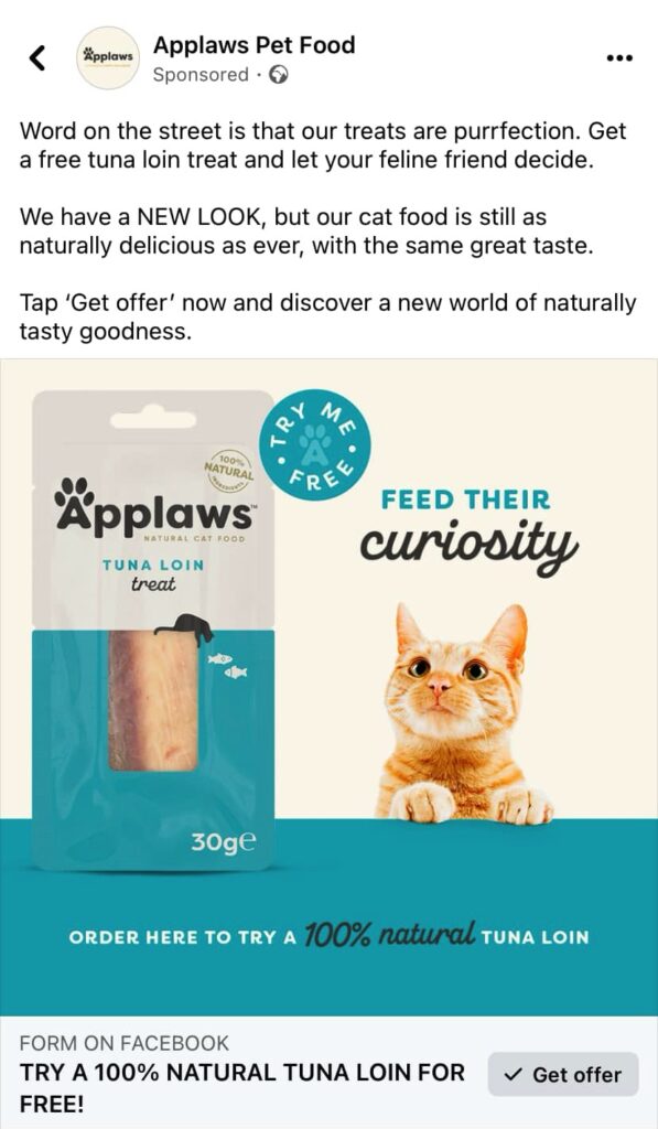 Applaws Pet Food sample ad on Facebook