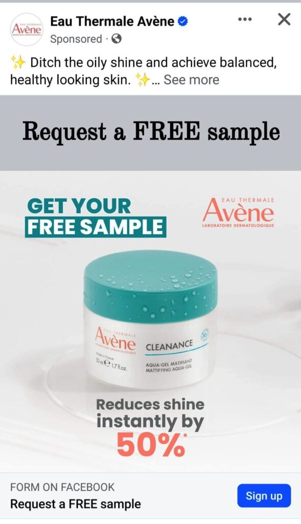 Avène Cleanance sample ad on Facebook