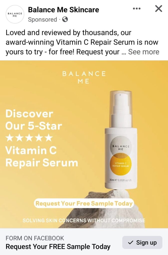 Balance Me Vitamin C Serum sample ad on Facebook