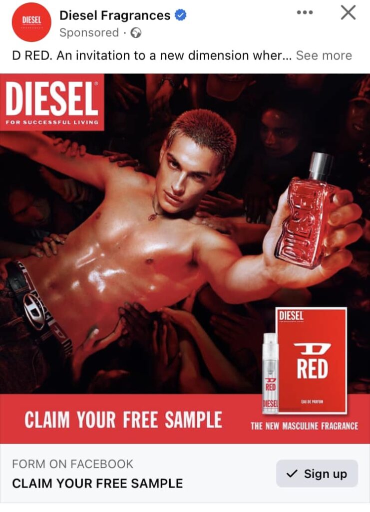 Diesel D Red Fragrance sample ad on Facebook