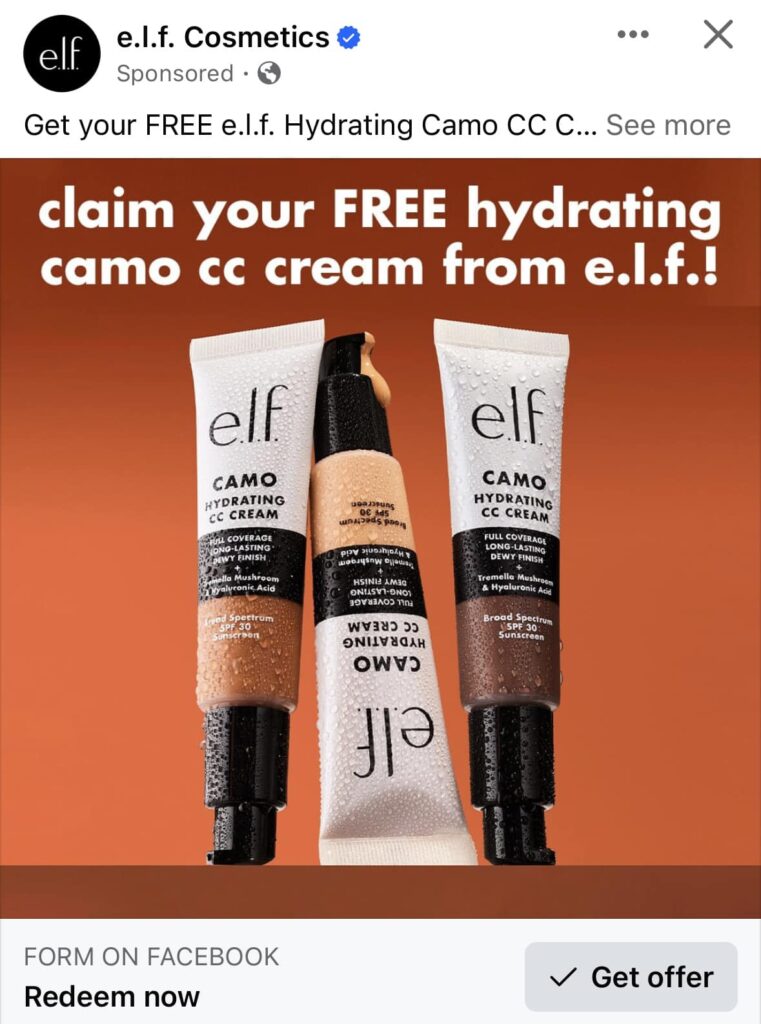 ELF Hydrating Camo CC cream samples ad on Facebook