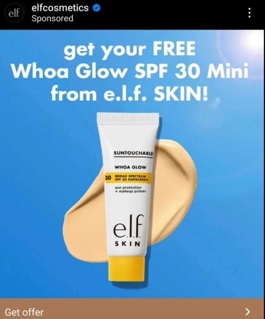 ELF Whoa Glow SPF 30 Sample ad on Instagram