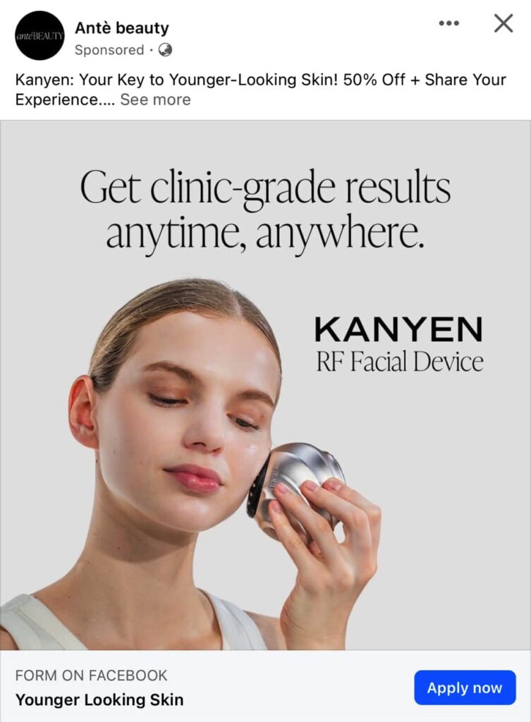 Free Kanyen RF Facial Device from Anté Beauty ad on Facebook
