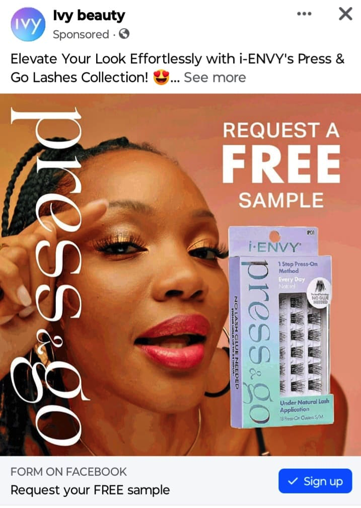 Ivy Beauty Press & Go lashes sample ad on Facebook