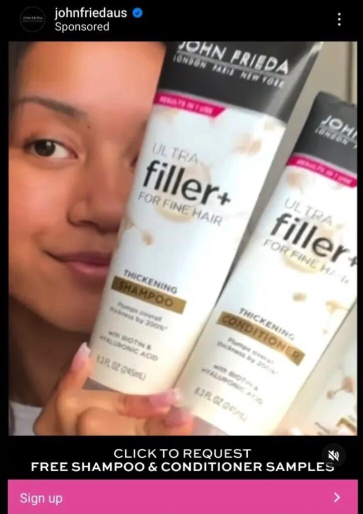 John Frieda Shampoo & Conditioner sample ad on Instagram