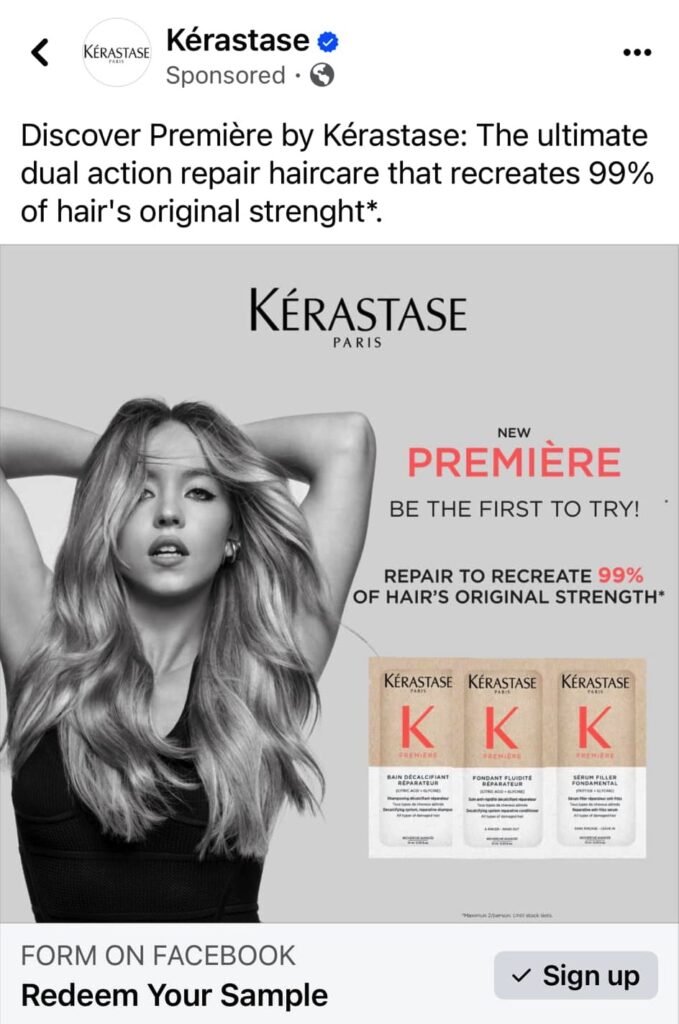 Kérastase Première Haircare sample pack ad on Facebook