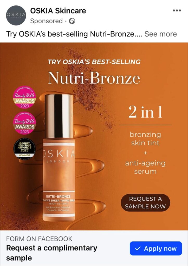 OSKIA Nutri Bronze sample ad on Facebook
