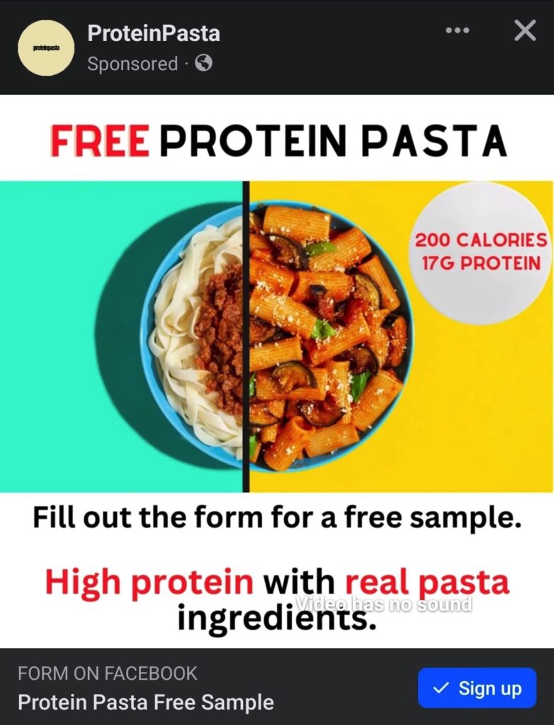 Protein Pasta sample ad on Facebook