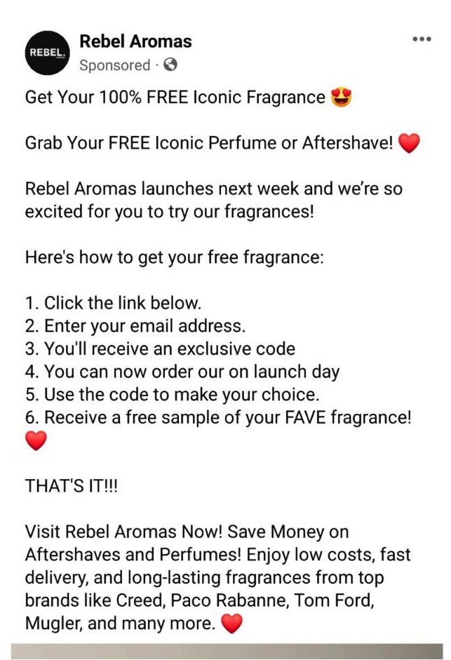 Rebel Aromas Fragrances sample ad on Facebook