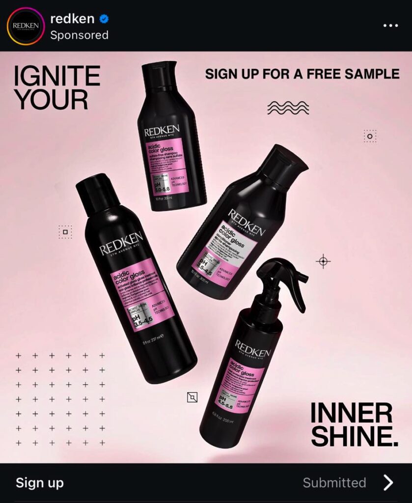 Redken Glass Gloss Shampoo & Conditioner sample ad on instagram