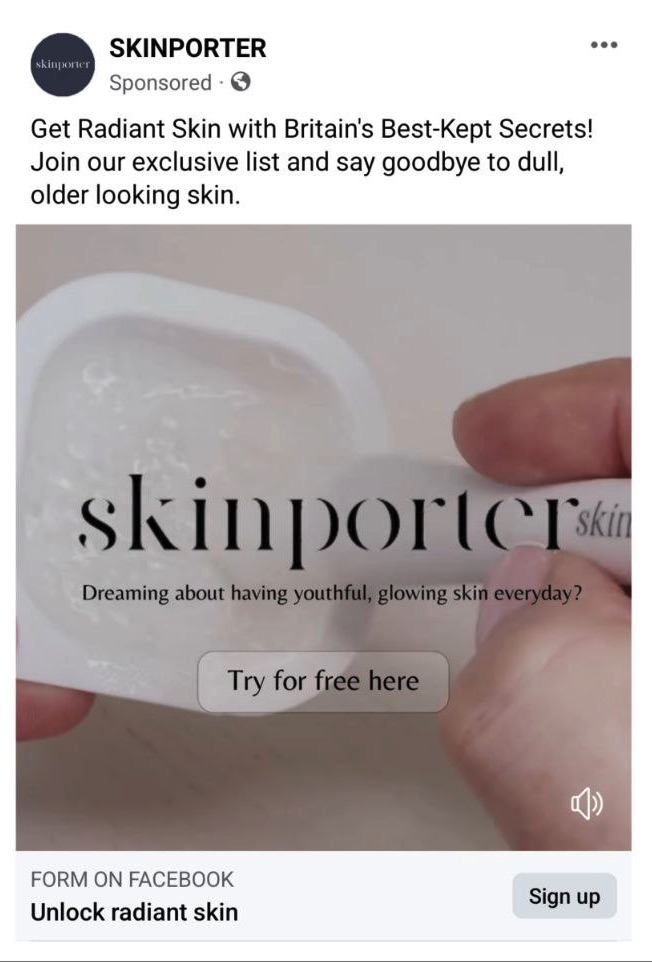 Skinporter Skincare products samples ad on Facebook