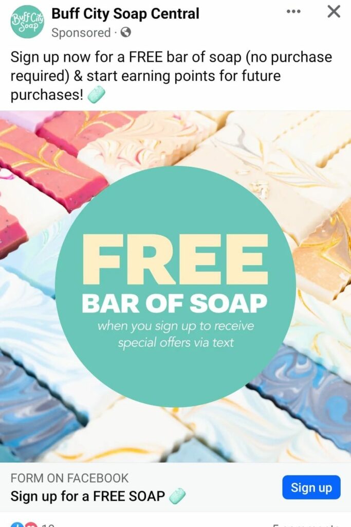 Buff City Soap Central sample ad on Facebook
