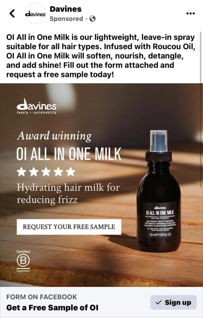 Davines All in One Milk sample ad on Facebook
