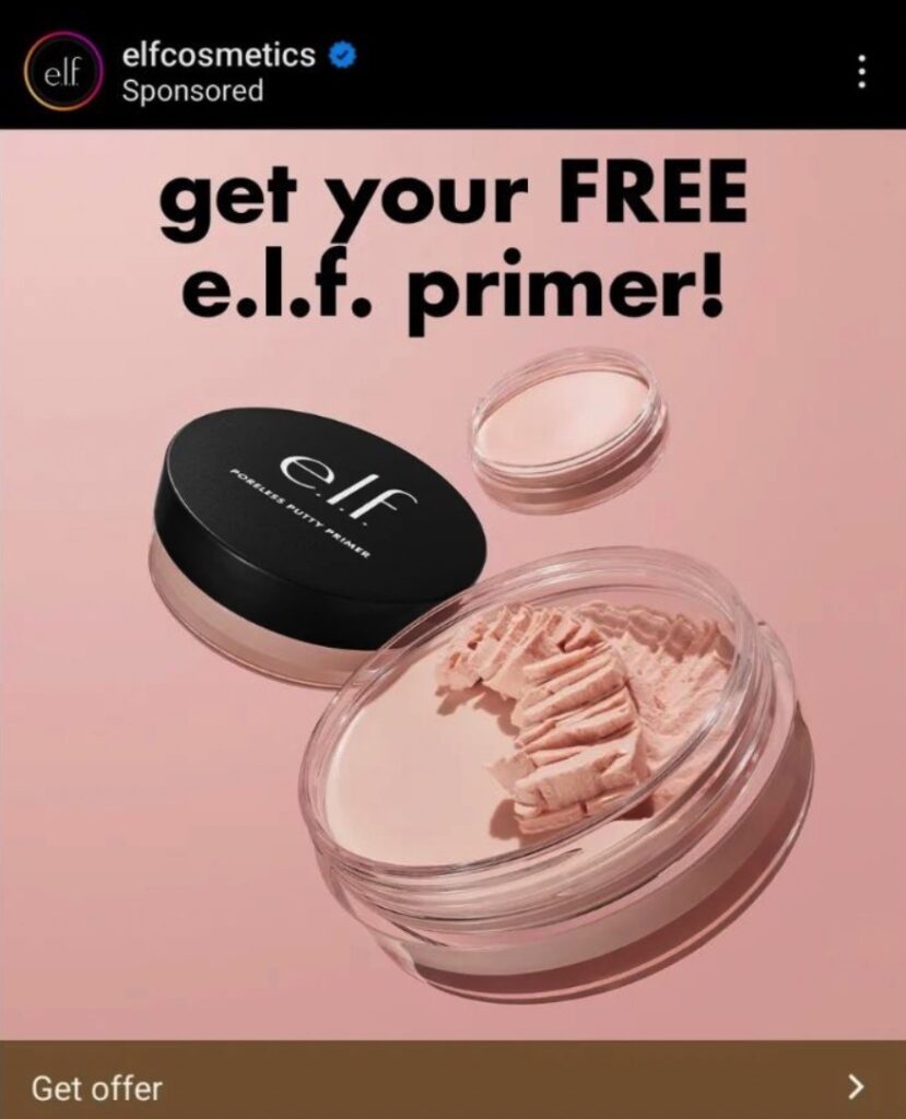 ELF Liquid Putty Poreless Primer sample ad on Facebook