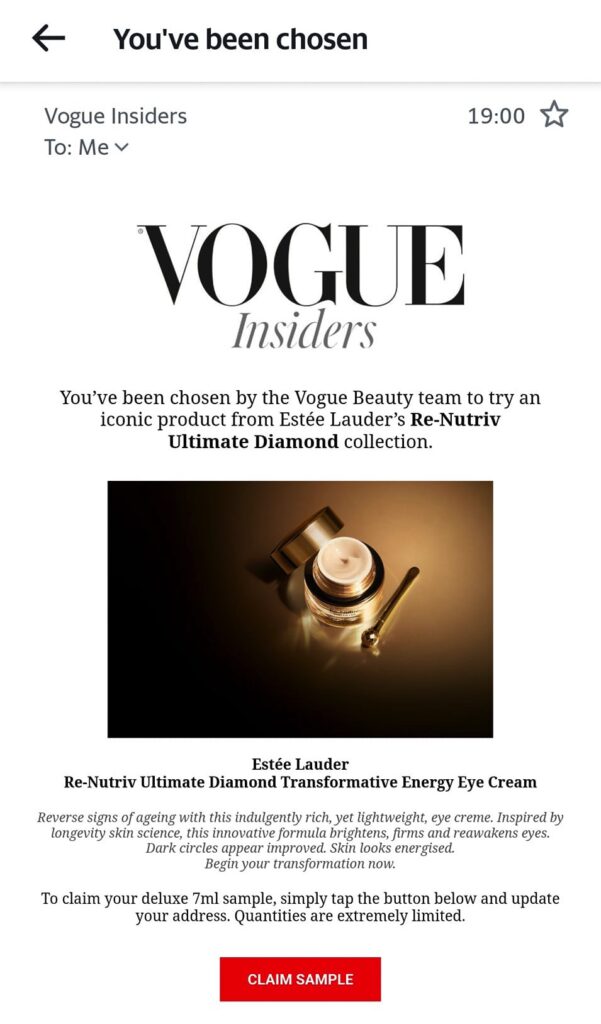 Estée Lauder Re-Nutriv Eye Cream sample Vogue Insiders