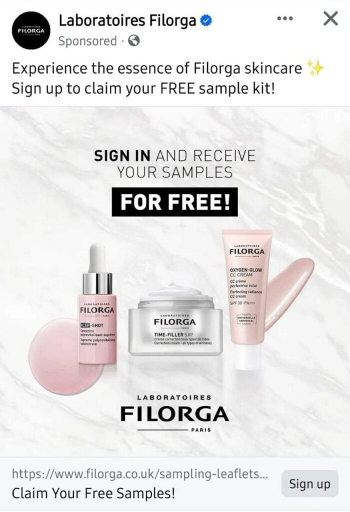 Filorga Skincare Sample kit ad on Facebook