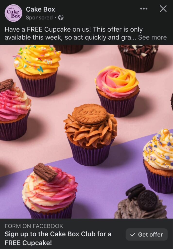 Free Cupcake from Cake Box ad on facebook