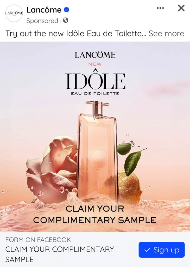 Lancome Idole Perfume samples ad on Facebook