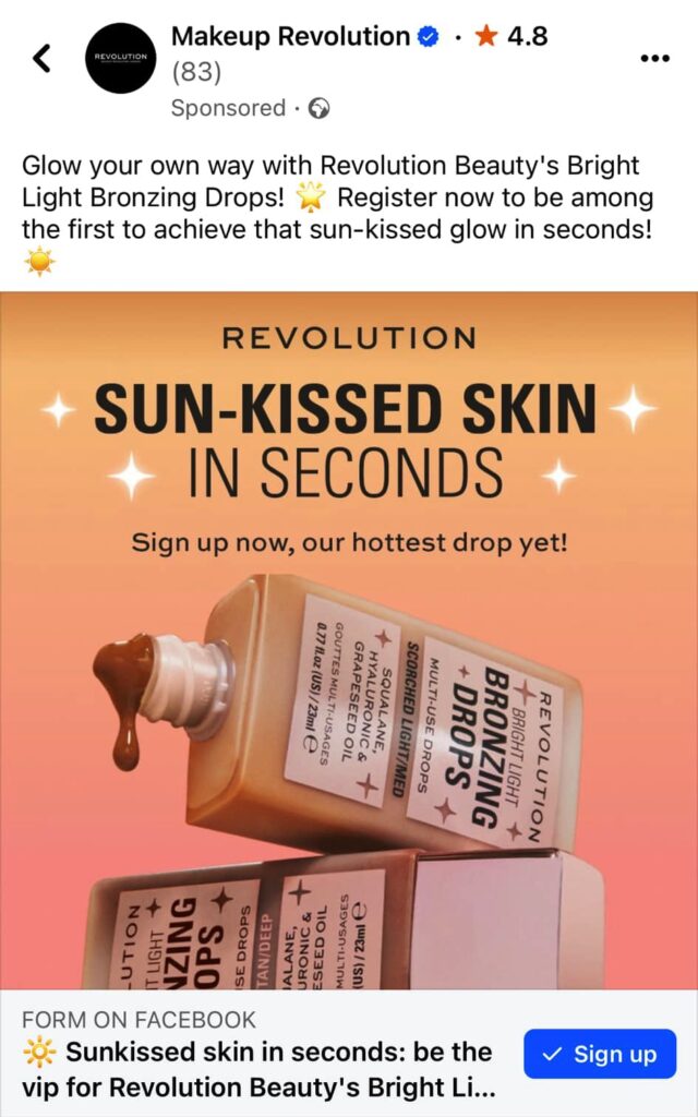 Makeup Revolution Bronzing Drops Sample ad on Facebook