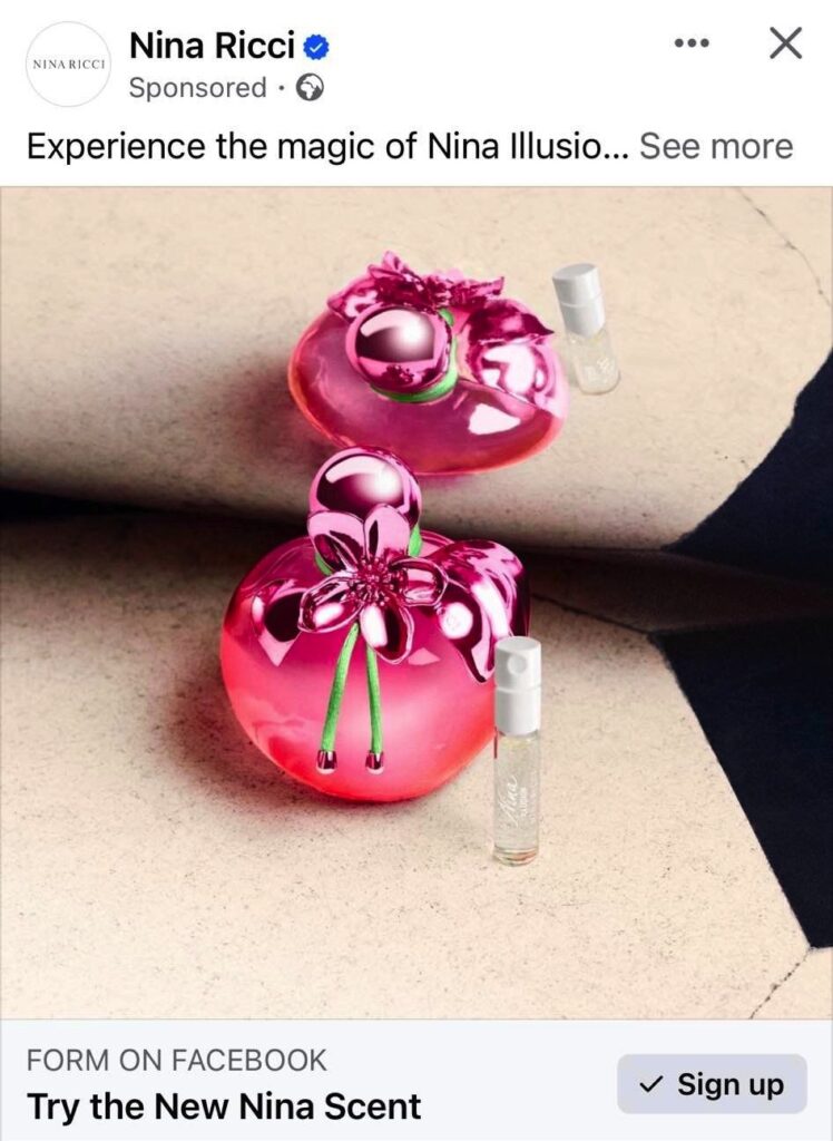 Nina Ricci Illusion Fragrance sample ad on Facebook