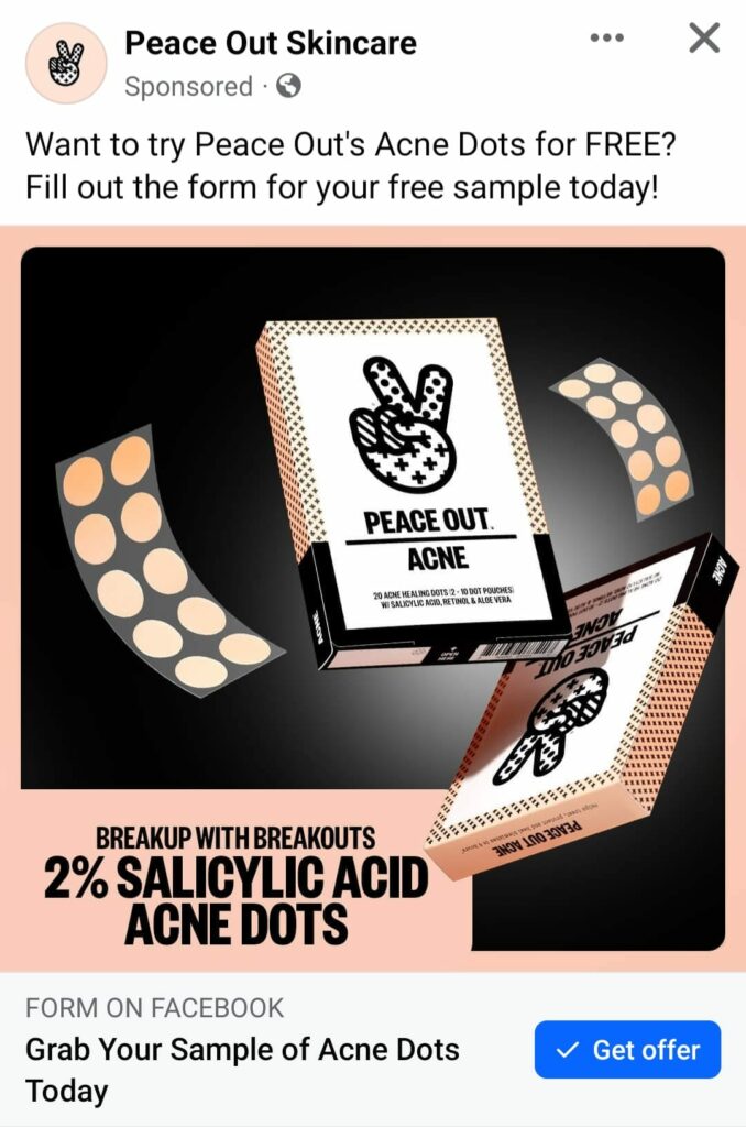 Peace Out Acne Healing Dots sample ad on Facebook