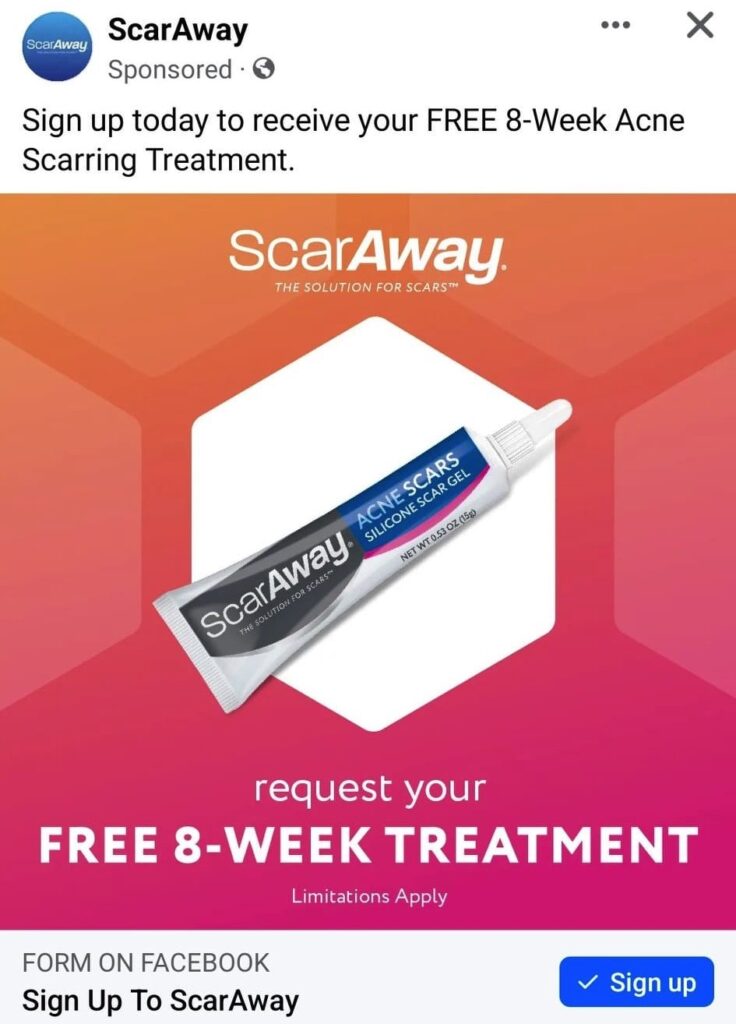 ScarAway Acne Scarring Treatment Sample ad on Facebook