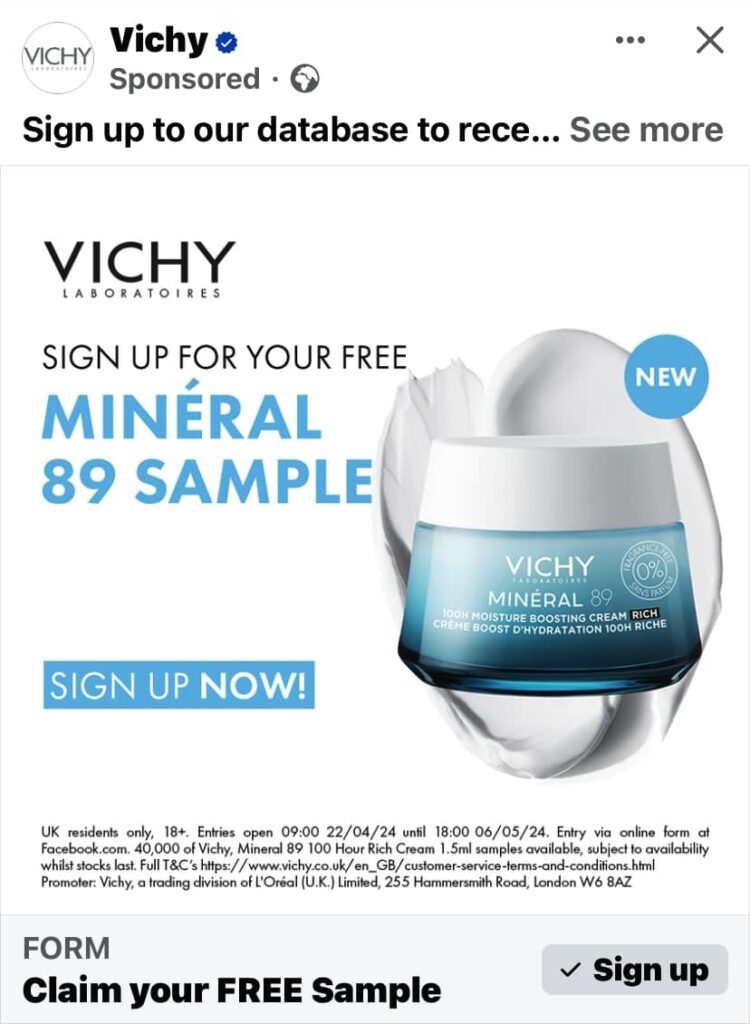 Vichy Mineral 89 Cream sample ad on Facebook