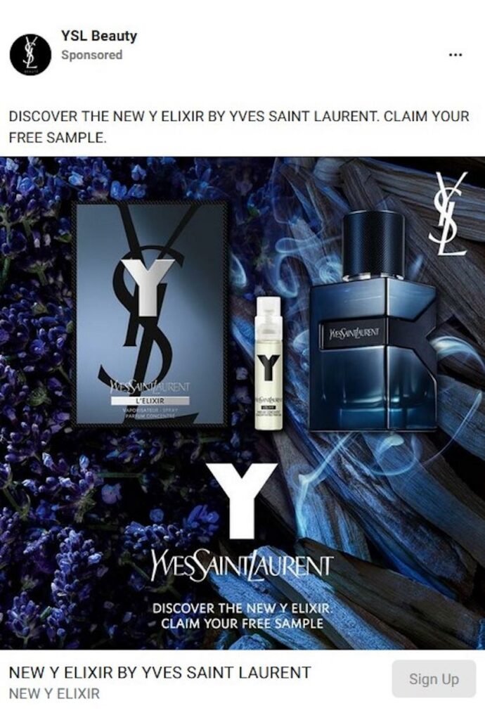 YSL Y Elixir sample ad on Facebook