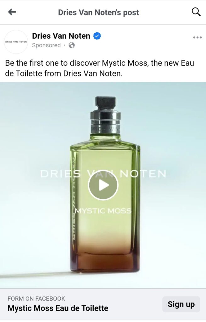 Dries Van Noten Mystic Moss Sample ad on Facebook