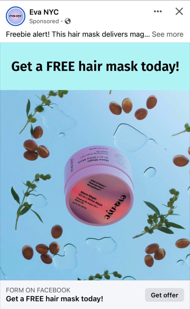 Eva NYC Hair Mask sample ad on Facebook