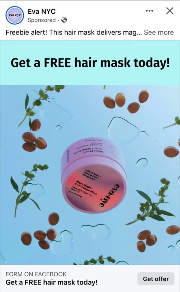 Eva NYC Hair Mask sample ad on Facebook