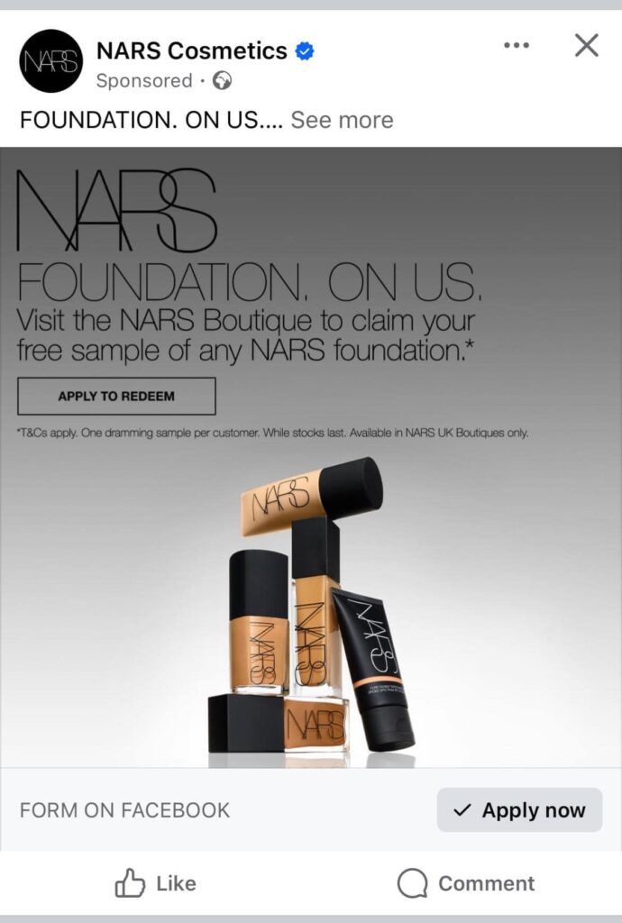 Free NARS Foundation sample ad on FAcebook