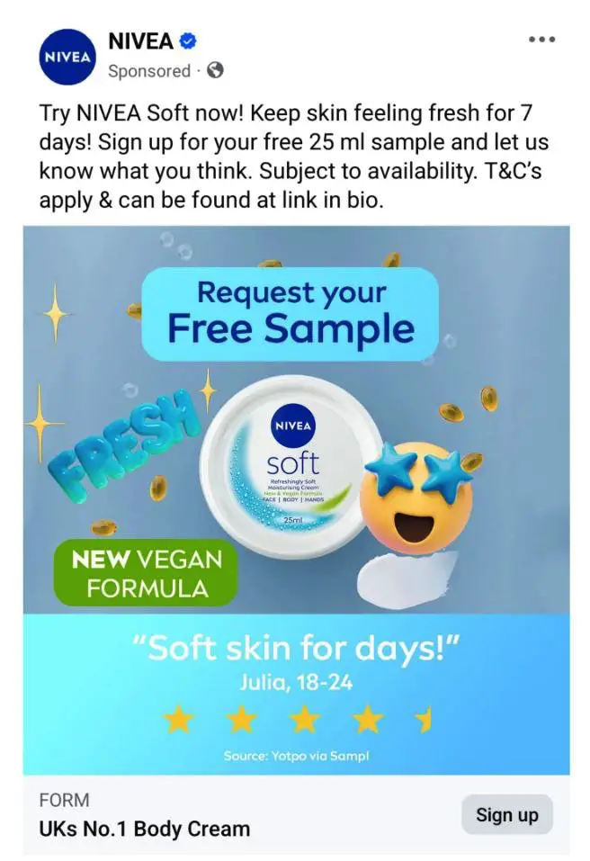 NIVEA Cream Sample ad on Facebook