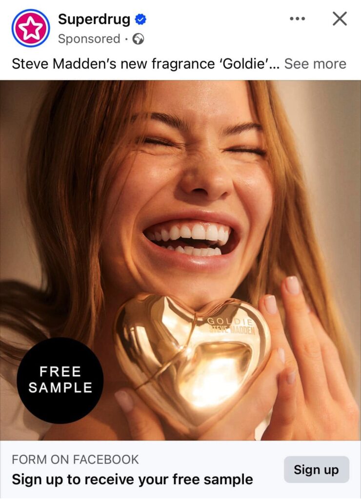 Steve Madden Goldie Fragrance Sample ad on Facebook from Superdrug