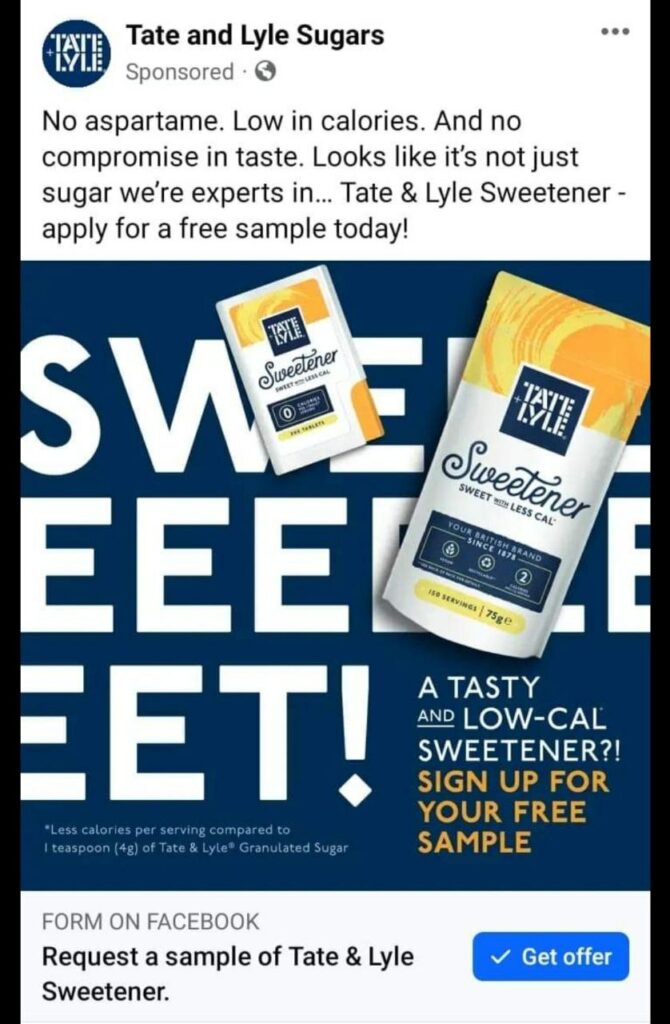 Tate & Lyle Sweetener Sample ad on Facebook