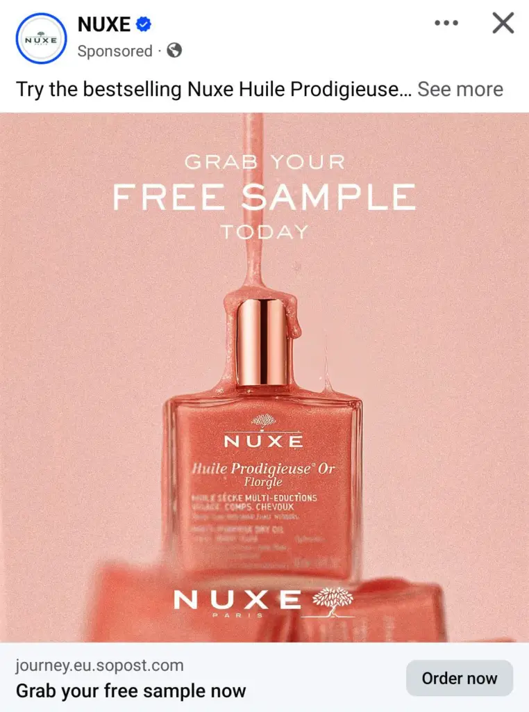 Nuxe Body Oil Sample ad on Facebook