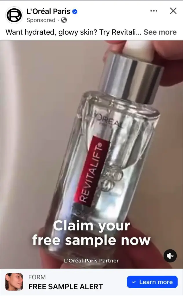 L'Oréal Pure Hyaluronic Serum sample ad on Facebook