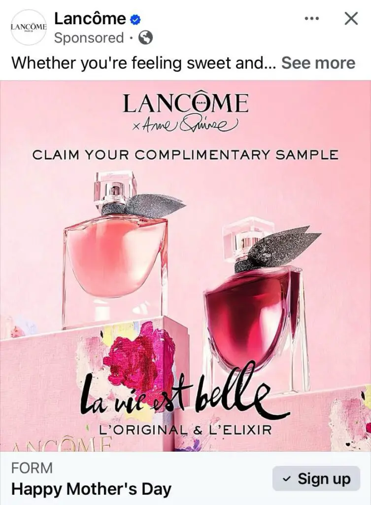 Lancôme La Vie Est Belle Perfume Sample ad on Facebook