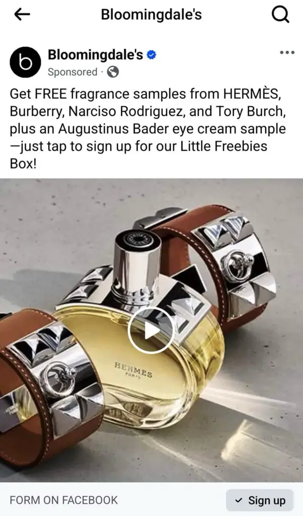 Bloomingdale's Little Freebies Box Sample ad on Facebook
