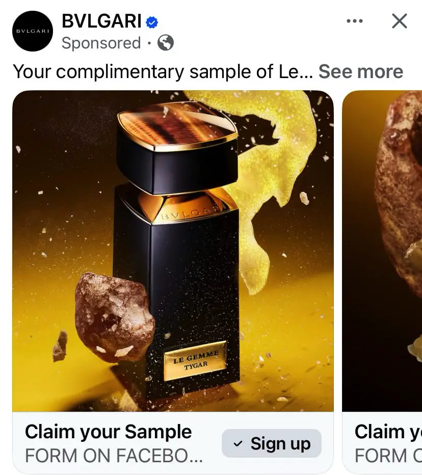 Bulgari Le Gemme Tygar Perfume sample ad on facebook