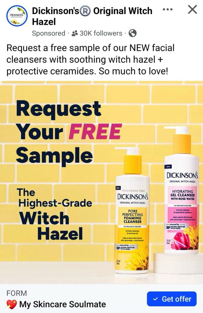 Dickinson’s Witch Hazel Facial Cleanser Sample ad on Facebook
