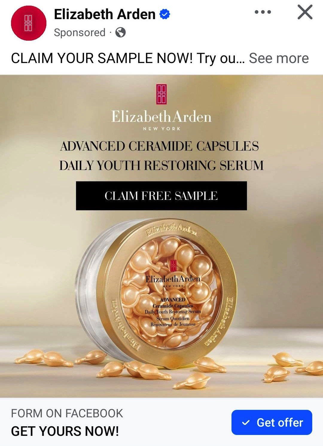 Elizabeth Arden Ceramide Capsules Sample ad on Facebook