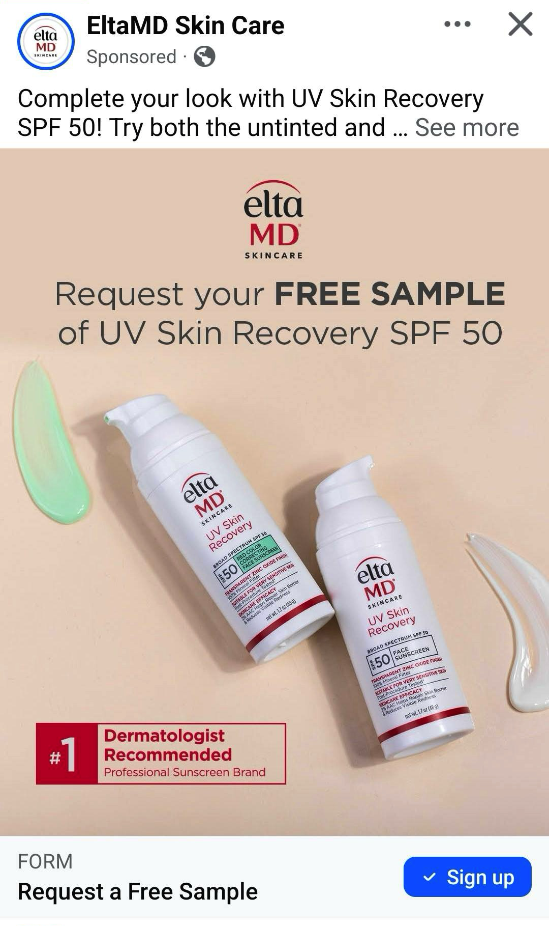 EltaMD Sunscreen sample ad facebook