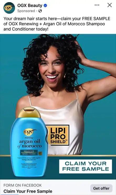 OGX Renewing + Argan Oil of Morocco Shampoo & Conditioner Sample ad on Facebook