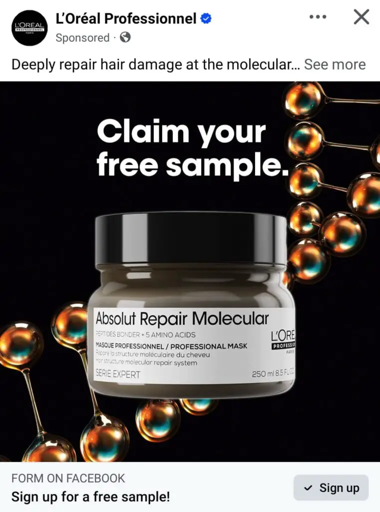 L'Oréal Absolut Repair Molecular samples ad on facebook
